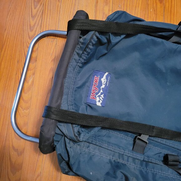 Vintage Jansport External Frame Backpack Blue Leather Patch Hiking Trail Backpac - Picture 8 of 16